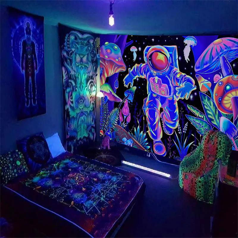 1pc Astronaut fluorescent tapestry, UV responsive forest mushroom tapestry, galactic space tapestry 73x95cm