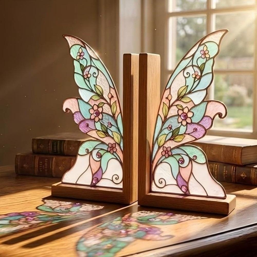 Acrylic Butterfly Wings Bookend Set Colorful Book Support with Bases Book Ornaments For Bookshelf
