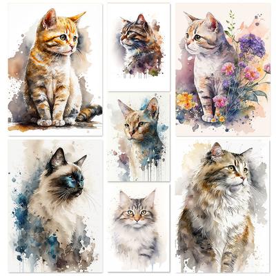 Retro Elegant Cute Watercolor Siamese English Short Cat Art Poster Oil Canvas Printed Mural Living Room Bedroom Home Decoration