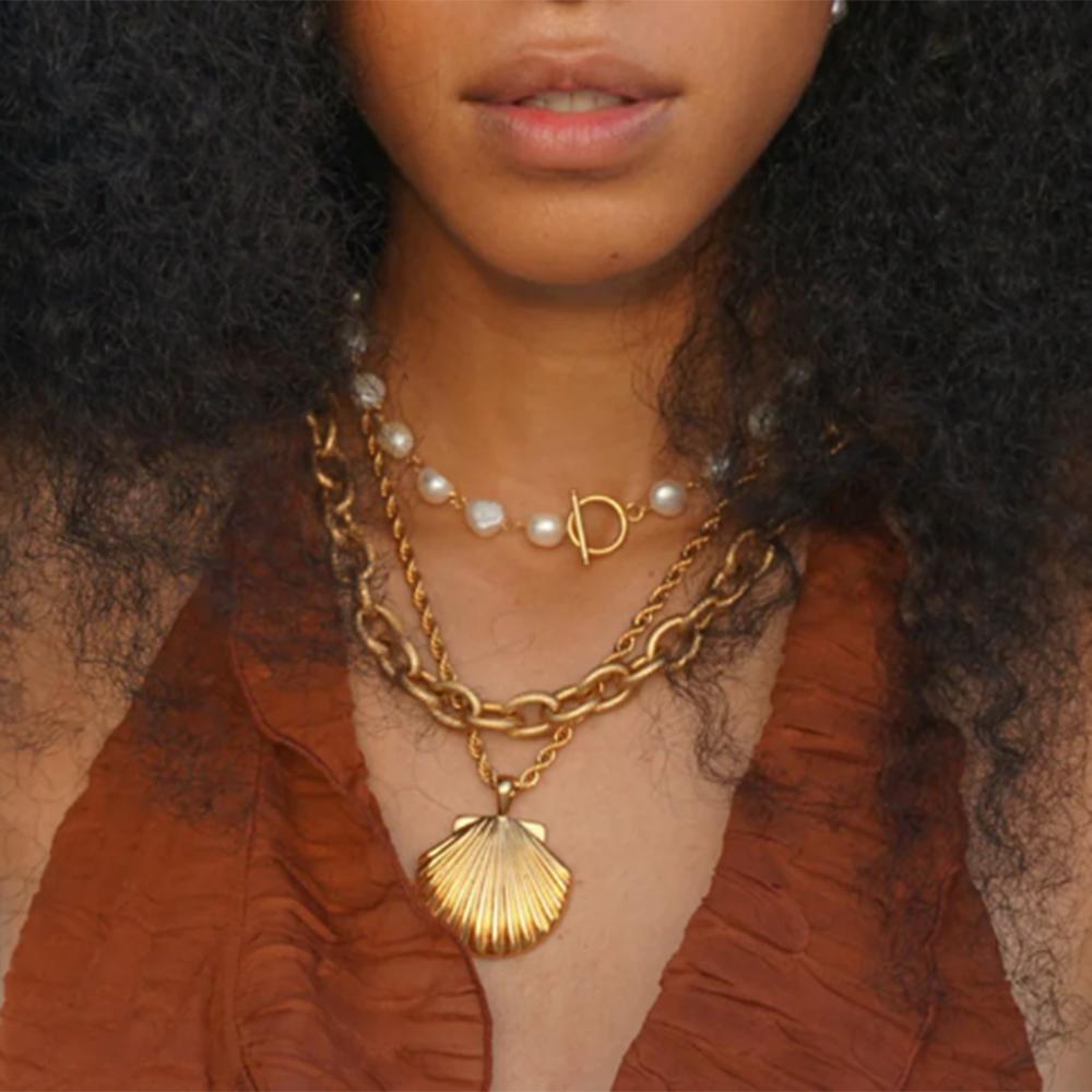 Youthway  Gold Plated Stainless Steel Shell Pendant Necklace Realistic Texture Accessories Charm Golden Jewelry