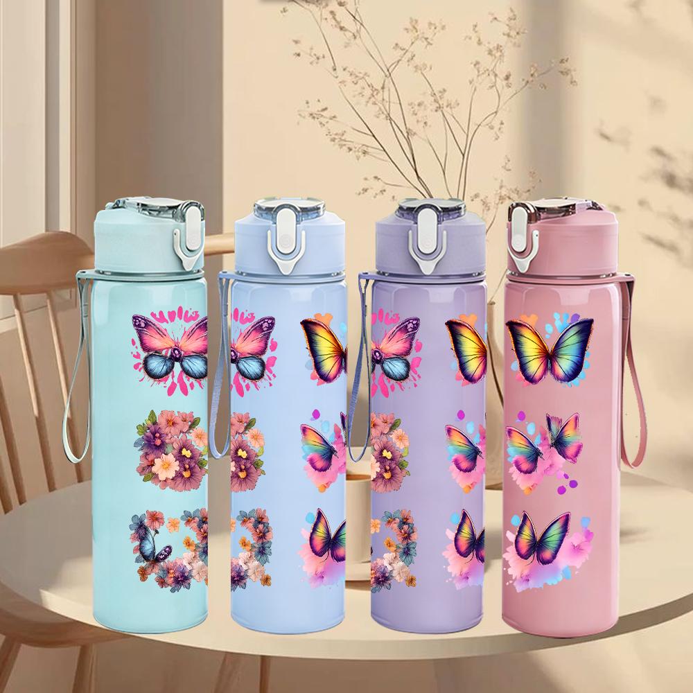 1PC Multi Color Butterfly Collage Graphic,750ml Color Plastic Sports Water Bottle,Leakproof Flip Straw Lid,Suitable for Sports Office Home Use
