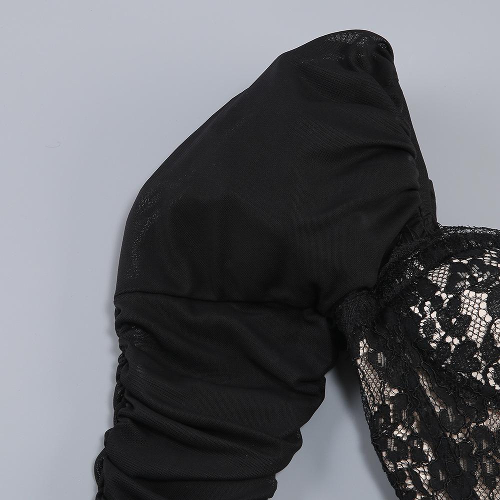 European Black Lace Long Sleeve Formal Dress with French Puff Sleeves, Square Neck, Cut-out Detail, and Slim Fit Mermaid Skirt