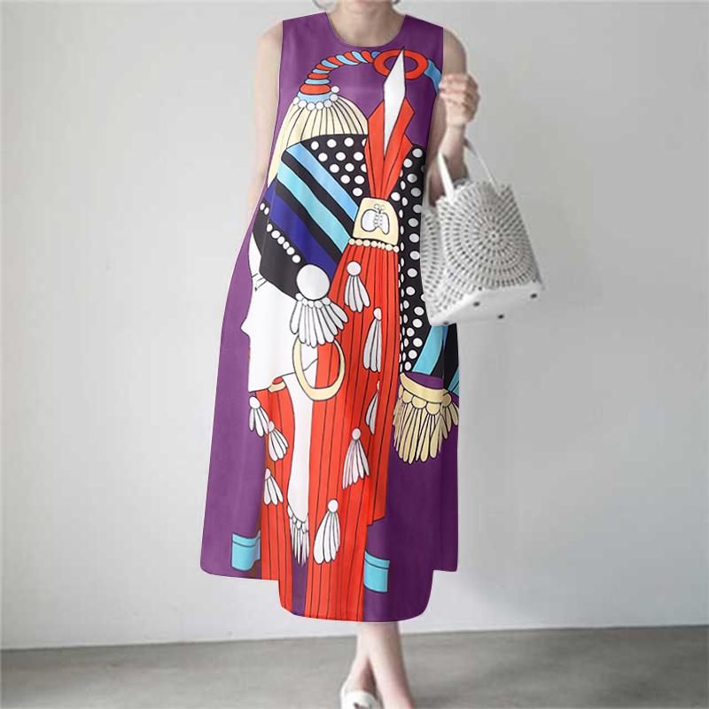 ZANZEA Vestido de playa informal sin mangas con cuello redondo y estampado de verano para mujer