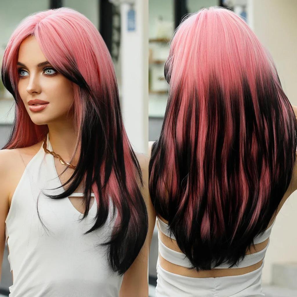 Profesionální Dlouhá Rovná Zelená Paruka pro Ženy Přírodní Syntetické Volné Vrstvené Vlasy Paruky s Ofinou Vysoká Hustota Vanilkové Cosplay Paruky