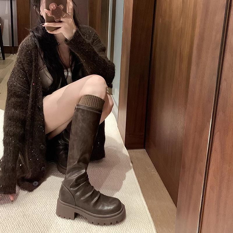 Women Fashion Boot Autumn Winter Thick Heel Roughened Elastic Korean round Toe Mid Calf Rubber Outsole