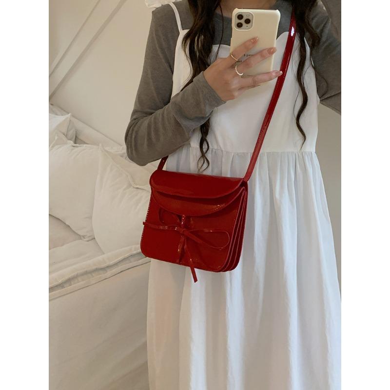 Niche Design Spring New Korean Version Bow Patent Leather Red Square Bag Versatile One-shoulder Crossbody Bag Trendy
