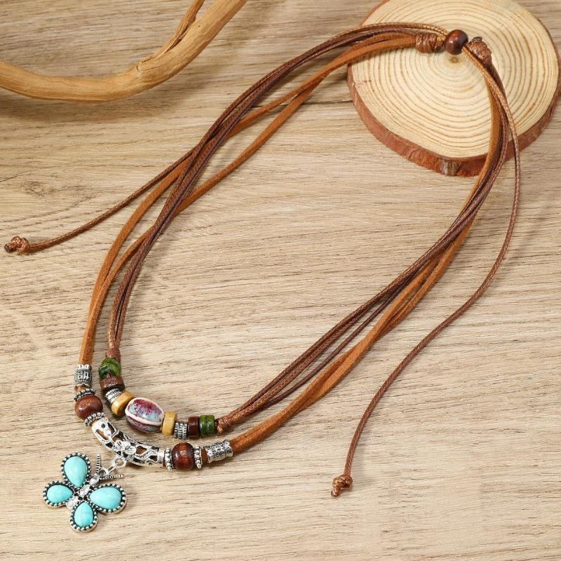 New 1-piece set of personalized fashion wax thread beaded wooden beads butterfly necklace new H