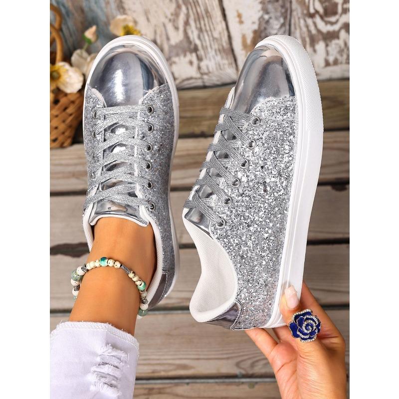 2025 Summer New Arrival Plus Size Sequined Front Lace-Up Solid Color Oversized Sneakers