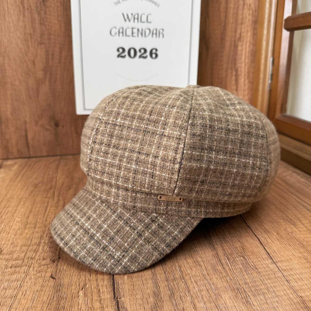 British retro plaid woolen newsboy hat women's metal standard octagonal hat beret autumn and winter cap modifying face shape