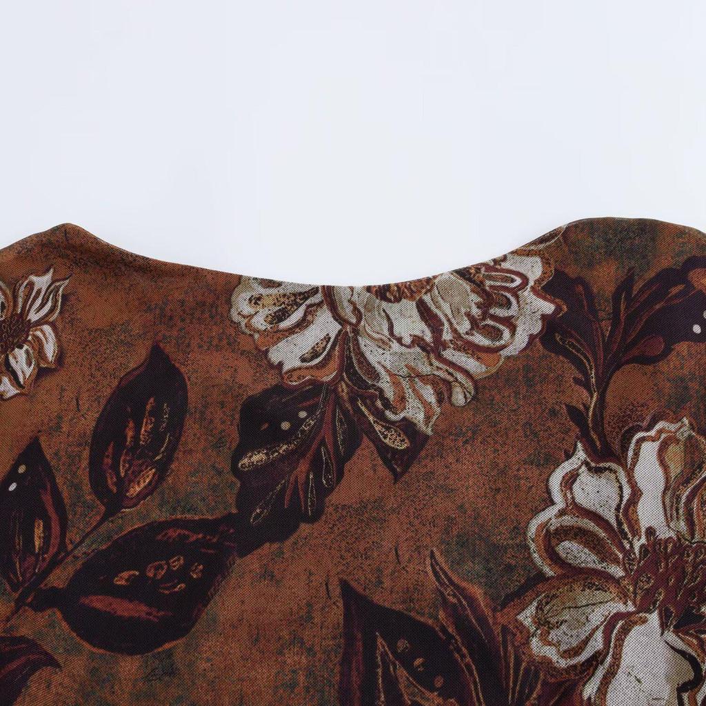 2024 Autumn Women's European & American Style Slim Silk Mesh Print Dress