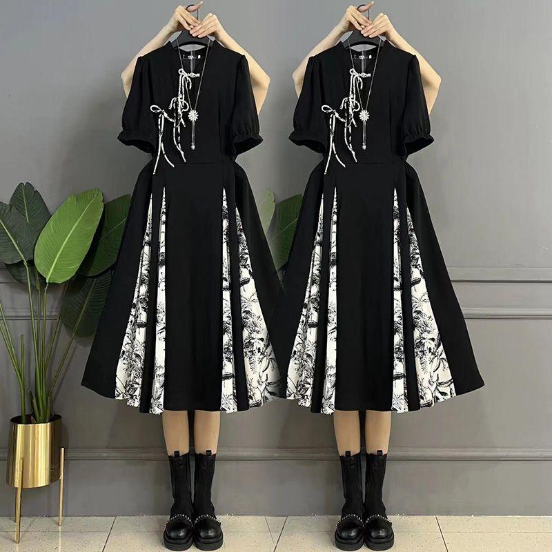 

Женский батал ретро принт пэчворк дизайн национальный стиль пряжка Black 6XL