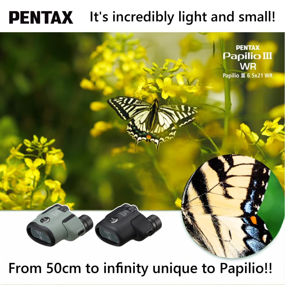 PENTAX Papilio III WR Schwarz, das bei einer minimalen Brennweite für Outdoor-Naturbeobachtungen und Sport fokussiert. Garantie Pentax 62010 6,5x21 Fernglas,