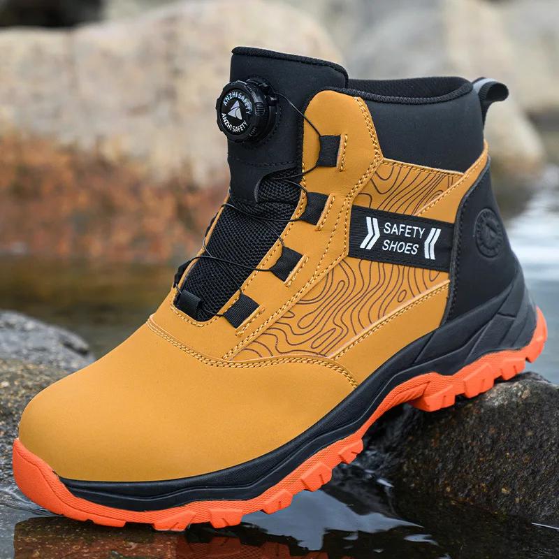 Waterproof Work Shoes High Man Rotating Button Safety Shoes Anti-slip Rubber Outsole Work Boots Sneakers with Steel Toe Cap