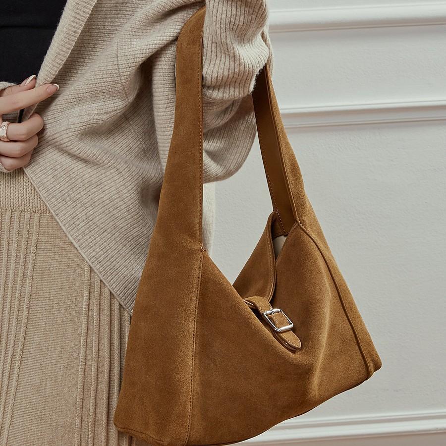 Korean Style Handheld Bucket Bag for Women, New Vintage Style Suede Leather Underarm Tote Bag