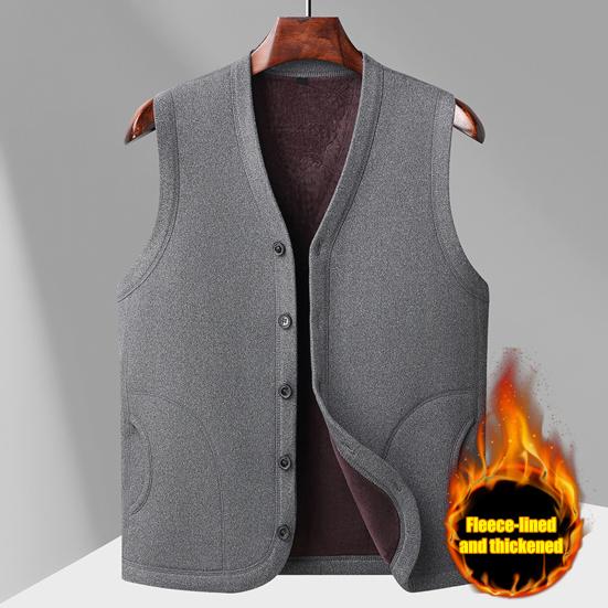 Men Vest Coat V-Neck Sleeveless Single Breasted Waistcoat with Pockets Solid Color Thickened Velvet Lining Coldproof Vest