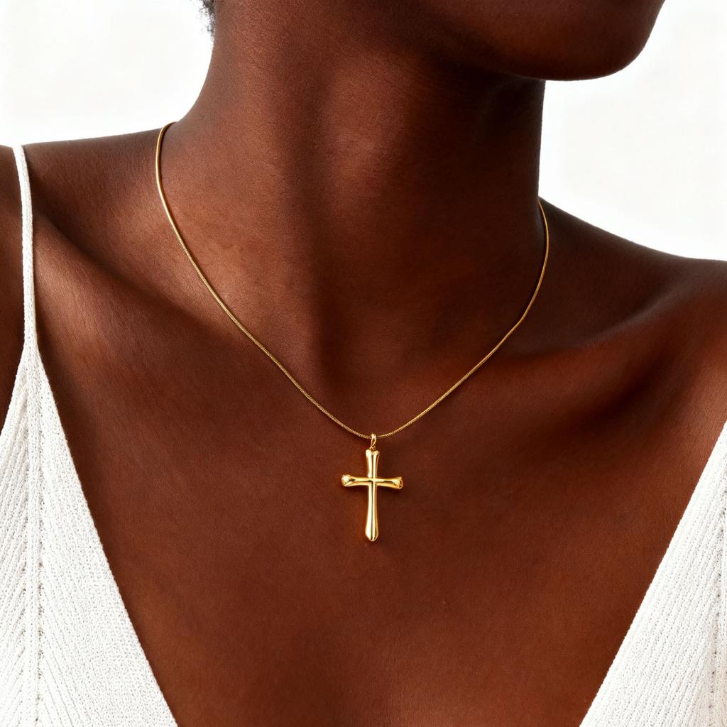 Vnox Compact Cross Pendant Necklace For Women, Stainless Steel Gold Color Religion Charm Choker Jewelry Lucky Gift