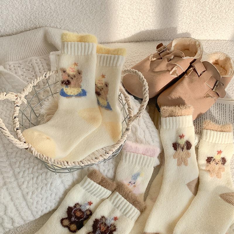 Super Thick Wool Socks, Double Flared Women's Autumn and Winter Thickened Mid-calf Socks, Warm Long Socks, Cartoon Long Calf