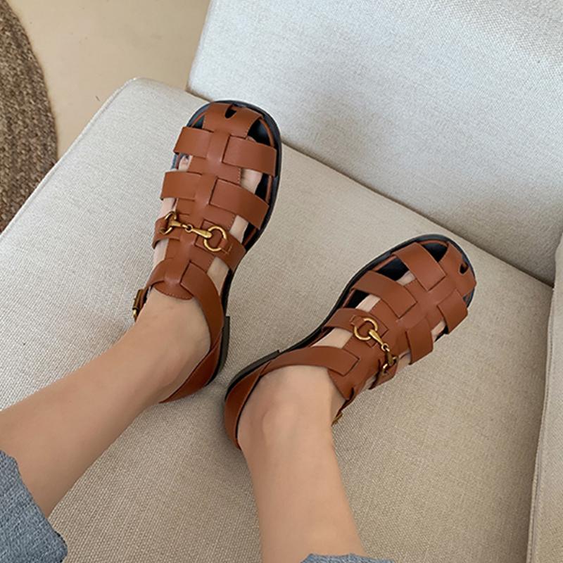 Women Sandals 2024 Summer New Hollow Sandals British Style Retro Women Sandals Woven Closed Thick Bottom Roman Sandals Women