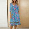 Rochie casual de damă la modă, cu imprimeu colorat, gât rotund, mânecă 3/4, guler cu nasturi, lungime medie