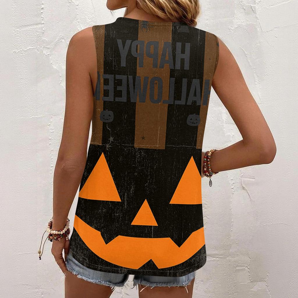 Women's Sleeveless Tank Top Square Neck Ruched Halloween Print Casual Summer Blouse Lightweight Soft Fabric