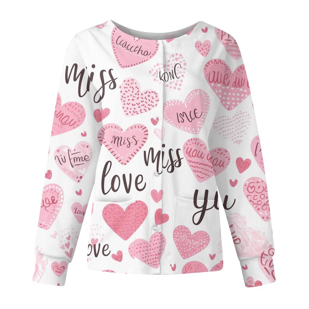 Women's Casual Fashion Long Sleeve Standing Collar Single Breasted Valentine's Day Print Workwear Jacket Tops