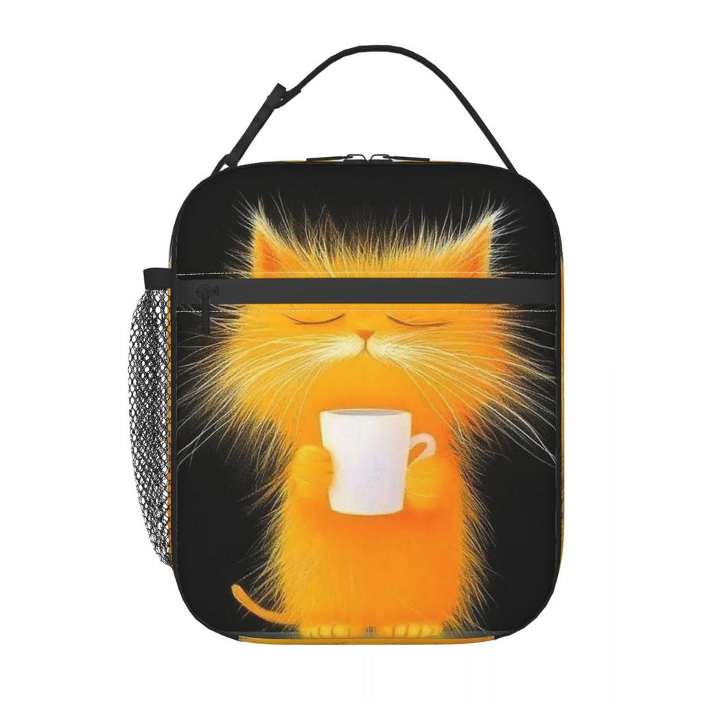 A Yellow Kitten Drinking Coffee Design Insulated Lunch Bag for Women Kids Leakproof Food Boxes Thermal Lunch Box Tote