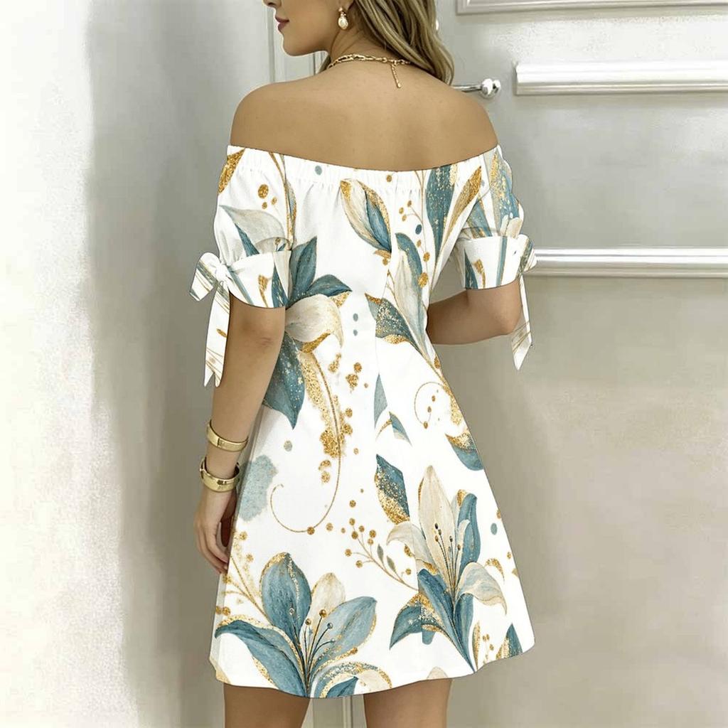Women Plus Size Off Shoulder Short Sleeve Printed Tie Cuff A Line Dress