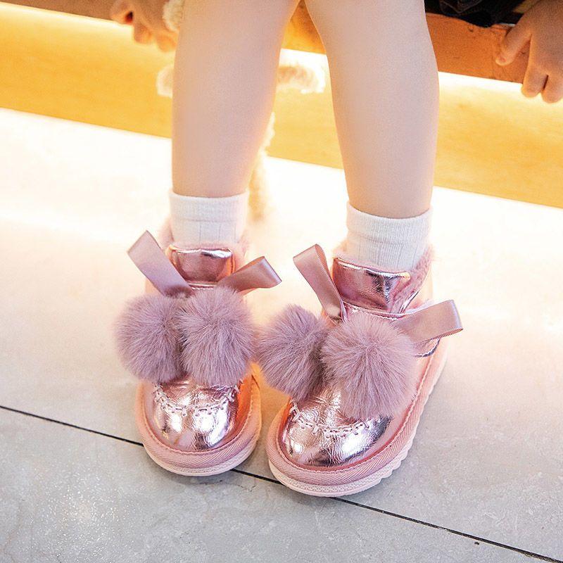 Girls' Fleece Snow Boots and Winter Children's Thickened Bow Princess Ankle Boots