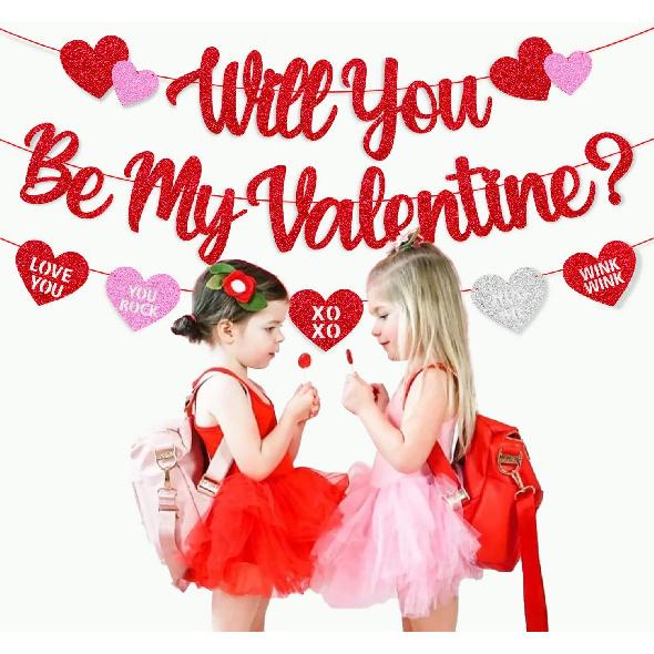 Will You Be My Valentine Banner Valentine Glitter Heart Garland Happy Valentine’s Day Party Decoration Glitter Red and Pink Be My Valentine