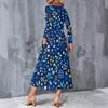 Plus Size Women V Neck Long Sleeve Black Purple Rose Printed A Line Midi Dress With Pockets