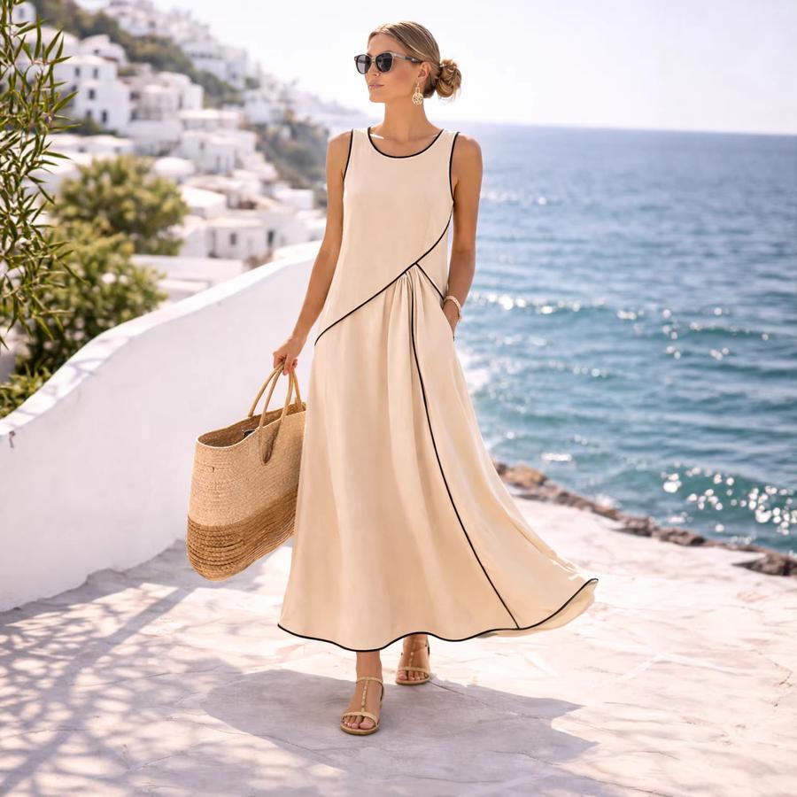 Summer New Women's Mediterranean Vacation Style Dress Women's Color Block Ruffled A-Line Dress