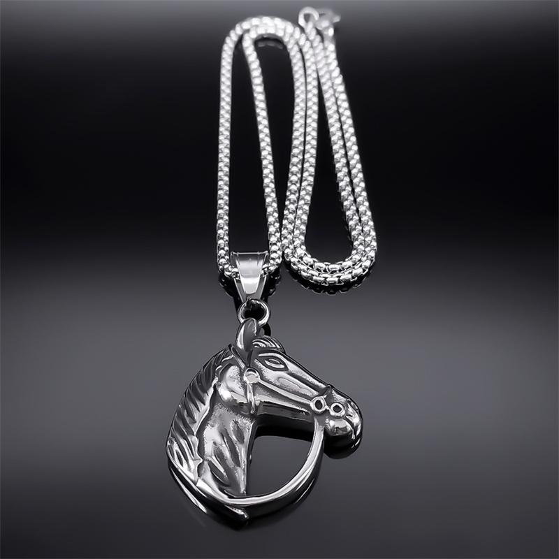 Stainless Steel Horse Head Necklace Pendant Silver Color Vintage Horses Lover Gift Accessories Jewelry Collier Homme NZZ372S02