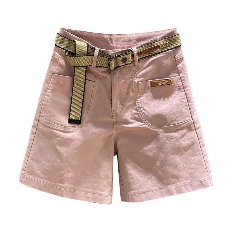 Women s Khaki High-Waisted Cargo Shorts Casual Loose Fit Shorts with Belt S розовый