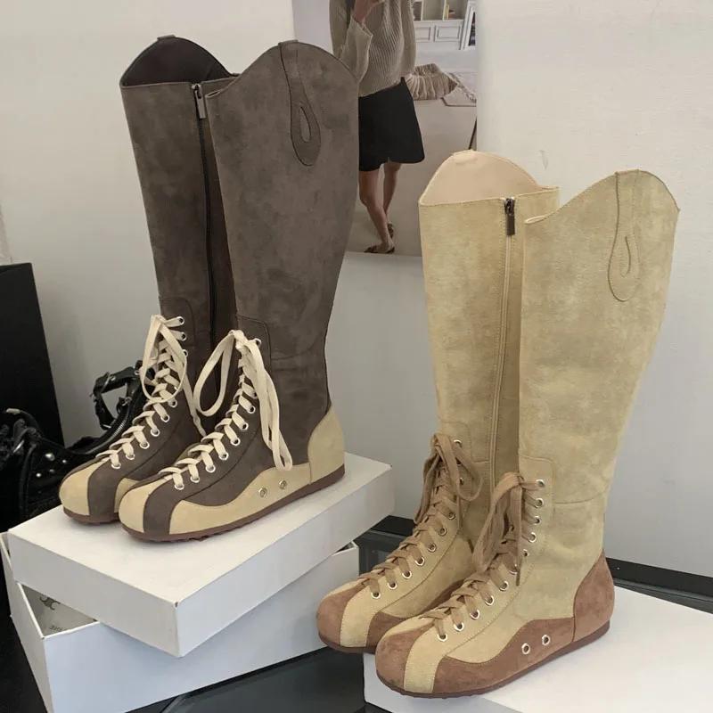 Fashion Eilyken Winter Designer Mixed Color Cross Lace-up Women Knee-High Boots Punk Style Round Toe Zipper Flat Heels Shoes