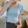 Short-sleeved T-shirt for For Women In Summer Wear Fitted Low Round Neck Collarbone Short Top Small Design Sense