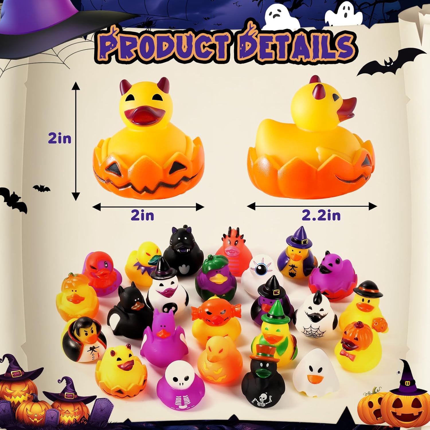 24 Pcs Halloween Rubber Ducks with a Bag, Halloween Goodie Bag Stuffers, Halloween Ducks for Jeeps, Party Favors Basket Fillers Decorations, Bath