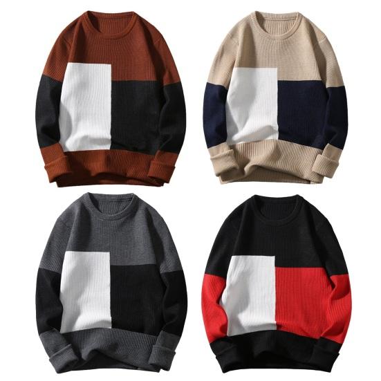 Men Fall Winter Sweater Thick Knitted Colorblock Long Sleeve Patchwork Round Neck Loose Pullover Elastic Loose Warm Sweater