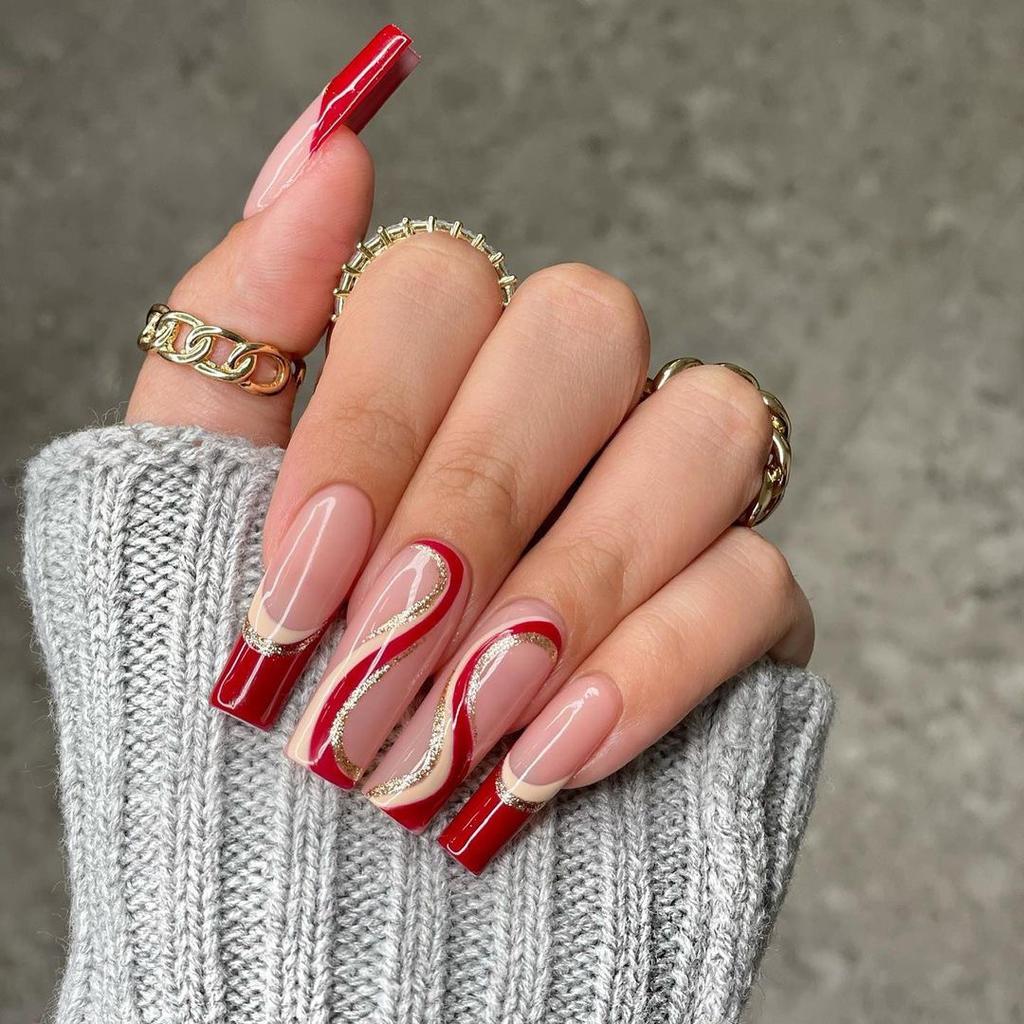 24Pcs Marble Gradient Gold Foil Long Coffin False Nails Full Cover Detachable Press On Nail Tips