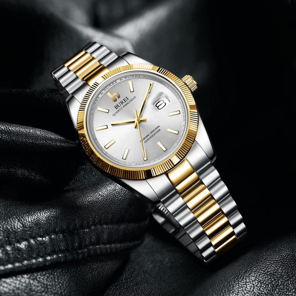BUREI Men's Waterproof Quartz Analog Watch, Simple and Popular for Business and Fashion, Silver and Gold Luminous Finish, Perfect As a Birthday Gift