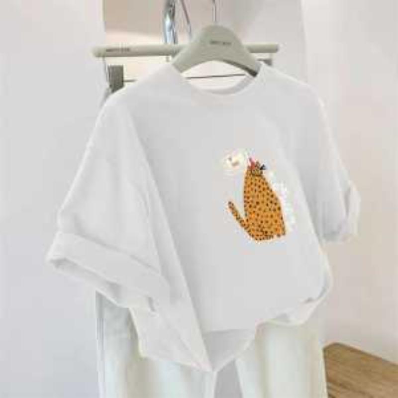 Reine Baumwolle Retro Locker Oberteil Pendler Kätzchen Kurzarm T-Shirt für Damen