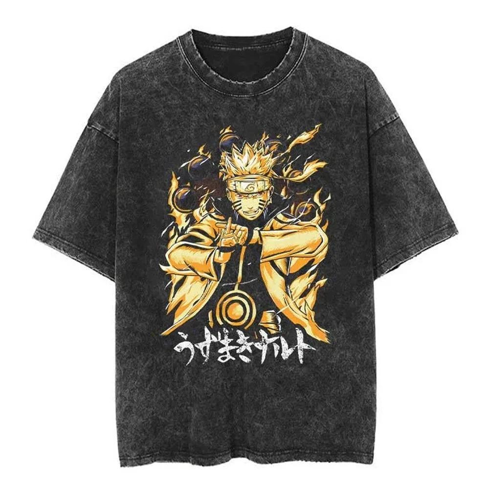 T-shirt Stampa Anime Giapponese Naruto Vintage Lavata Oversize Elasticizzata Hip Hop T-Shirt Cotone Uomo Donna Estate Manica Corta T-shirt