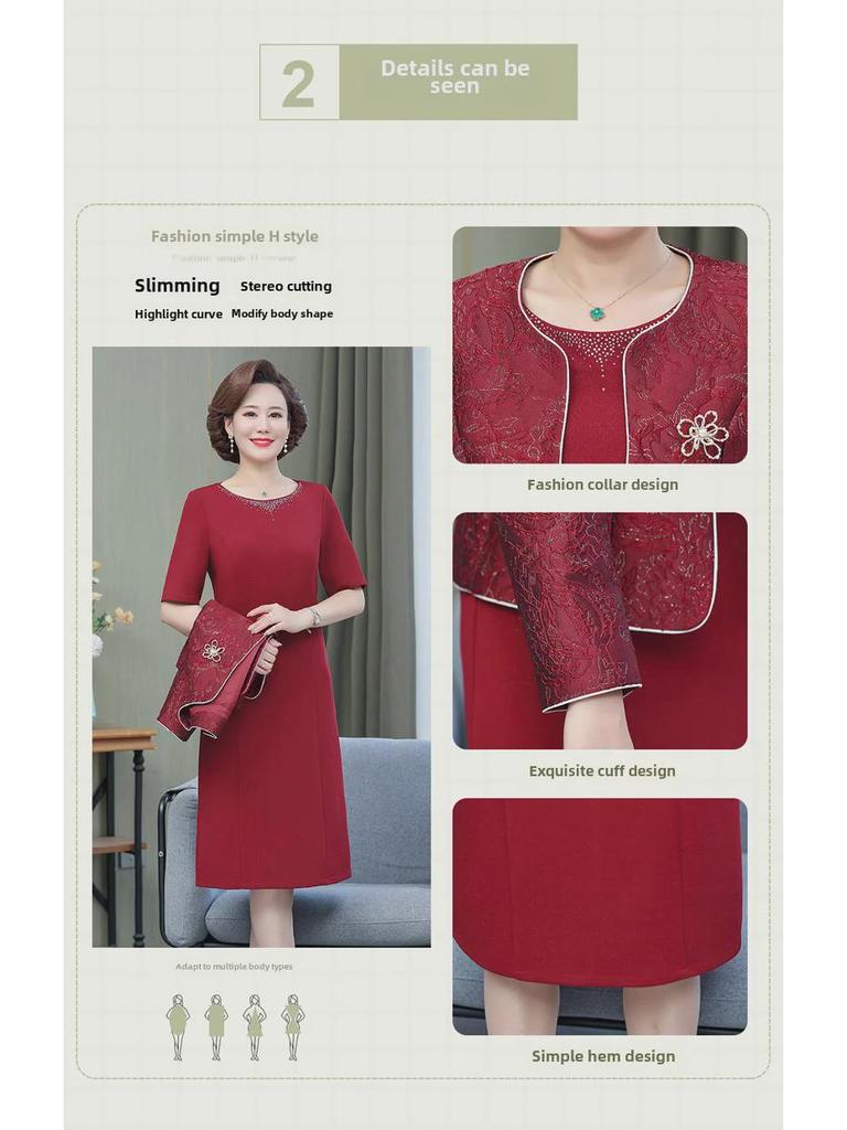 2023 Set rochie roșie din două piese pentru femei de vârstă mijlocie și în vârstă: Fusta la modă până la genunchi pentru nunți și banchete