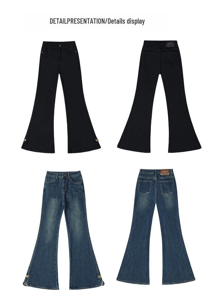 Spring Women's Plus Size Micro-Flare Elastic Jeans - Loose Slimming Split Cropped Pants for Petite