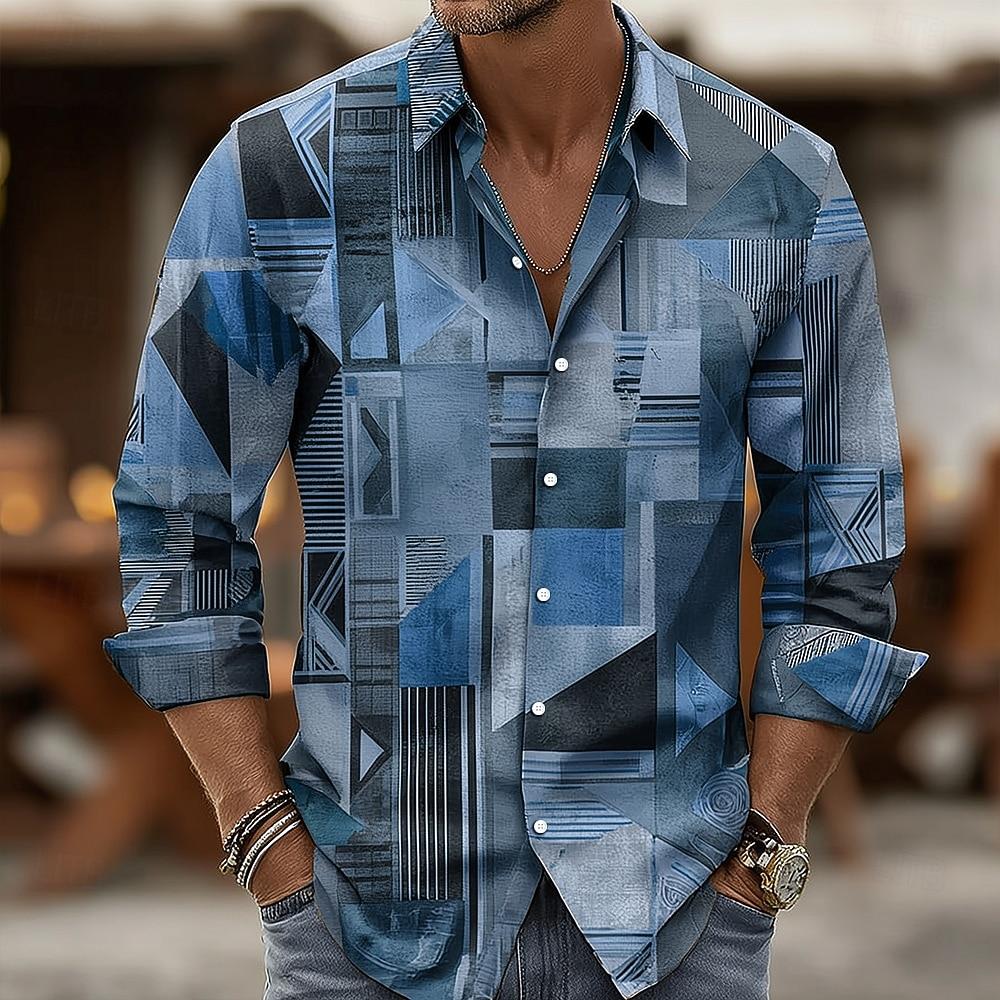 Men's Geometric Color Block Patchwork Shirt 3D Printed Shirt Button Up Shirt Casual Long Sleeve Shirt Street Blouse for Mens