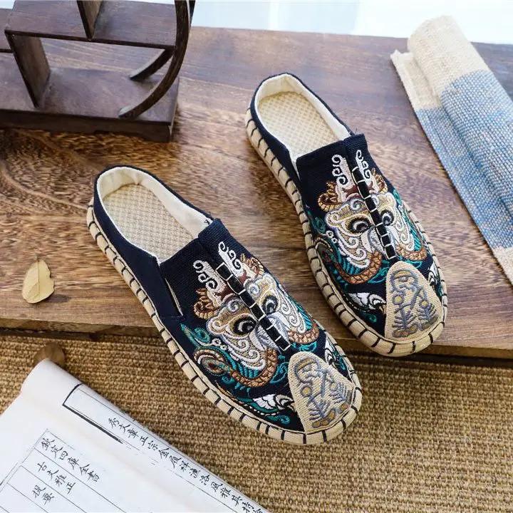 Fashion Men's Shoe Walk Around Home Embroidery Half Male Slipper Cheap Shoes Liquidation Low Price Mascullino Designer Luxury Y2k Slides