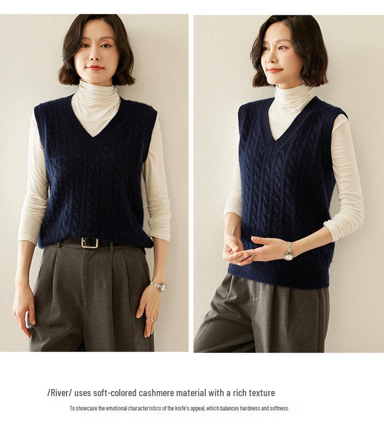 Women's V-neck Cashmere Cable Knit Sleeveless Vest Cardigan Sweater