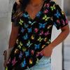 T-shirt Femme Imprimé Papillon Col en V Manches Courtes Décontracté Ample T-shirts d'Été