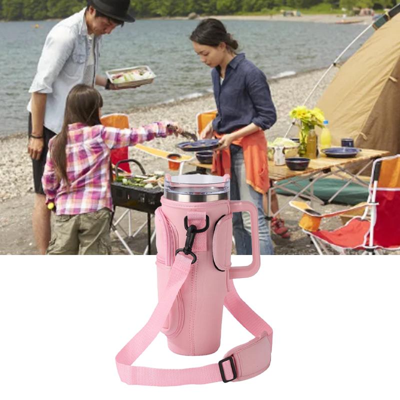 Water Bottle Bag Anti Slip Portable Double Layers Water Bottle Holder with Handle Fit for Stanley 40 Oz Insulated Tumblers Pink