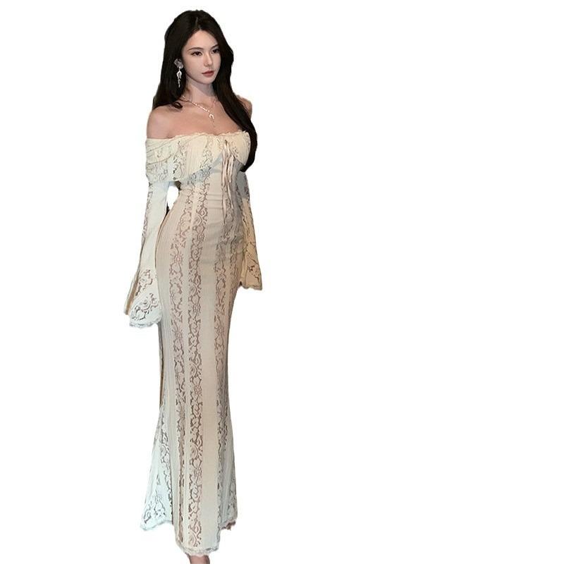 French One-word Shoulder Lace Long-sleeved Dress Women's Autumn Temperament High-end Sexy and Beautiful Dress Hip-wrapped Long Skirt