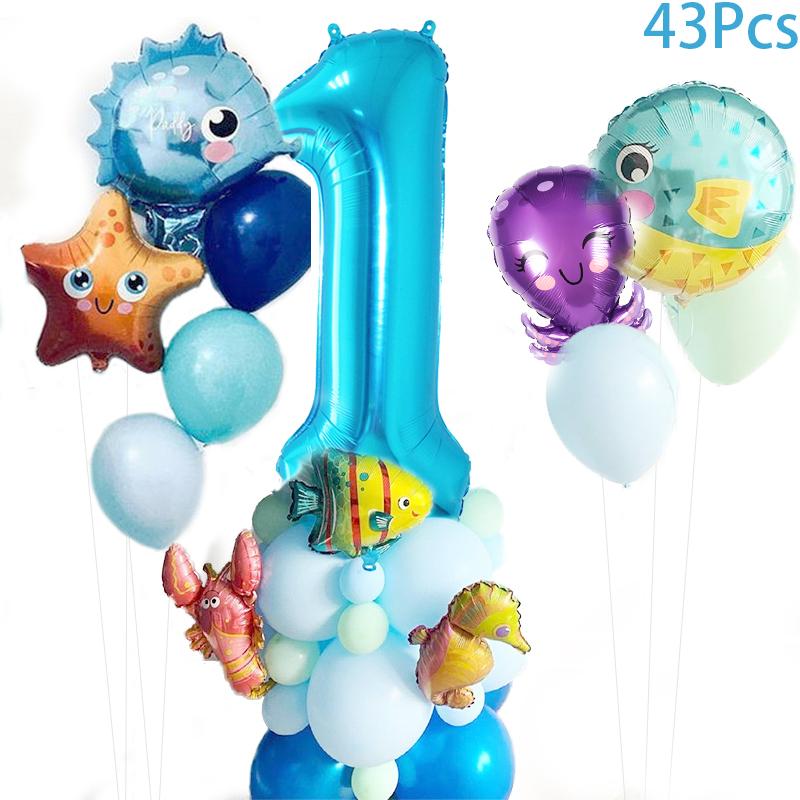 1-9 ani sub mare Balon cu animale de mare Decor de petrecere cu sirenă Baloane cu stele de mare Happy 1 2 3 ani Decor pentru ziua de naștere Lumea oceanului Baby Shower